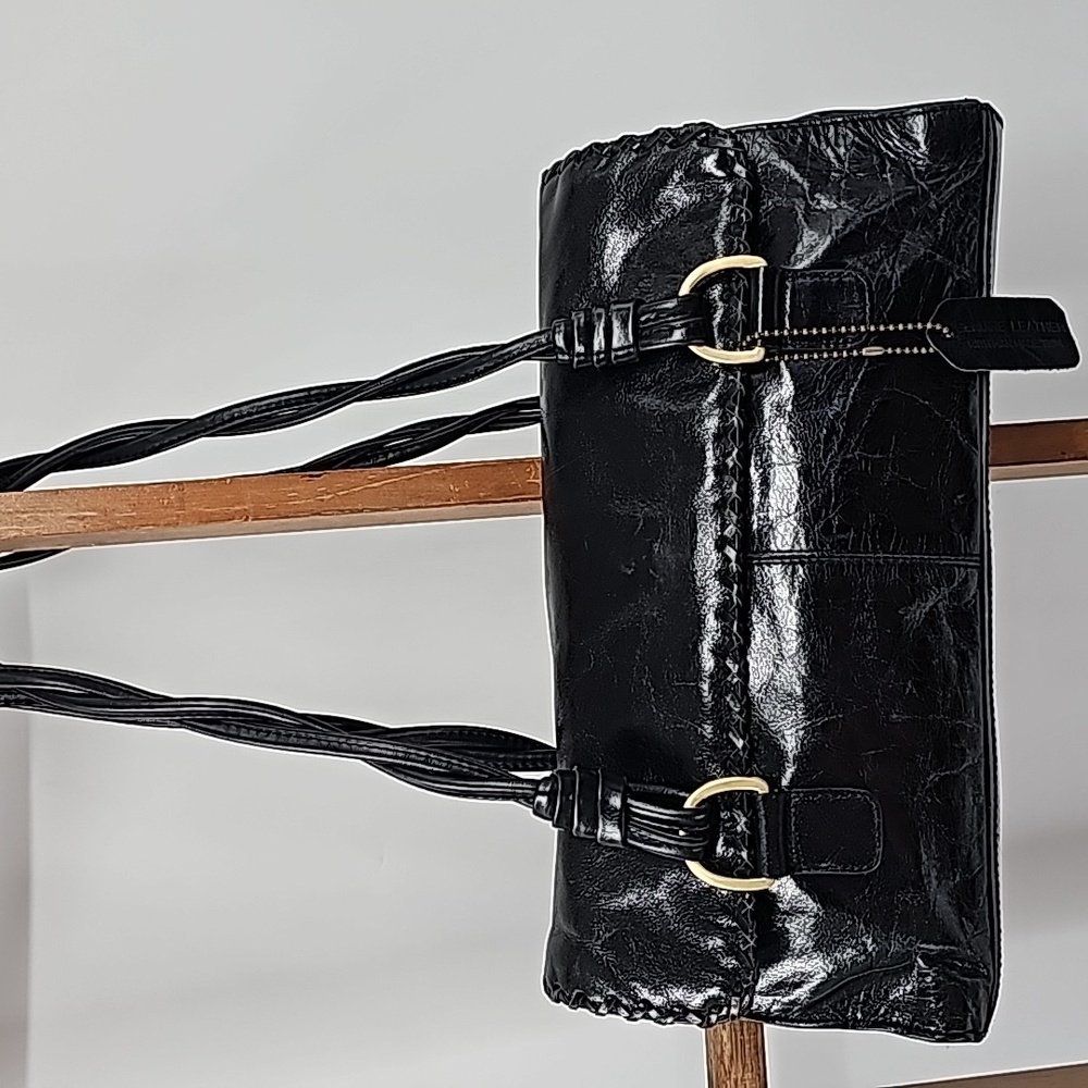 Genuine Leather Black Shoulder Bag with Stitched Trim